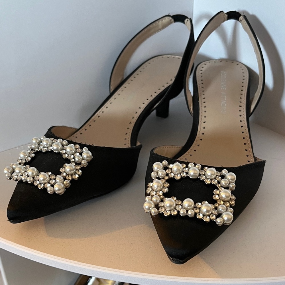 Adrienne Vittadini Black Heels with Pearl Accents